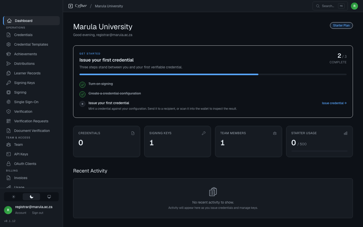 Portal dashboard with quick-stat cards and Recent Activity feed