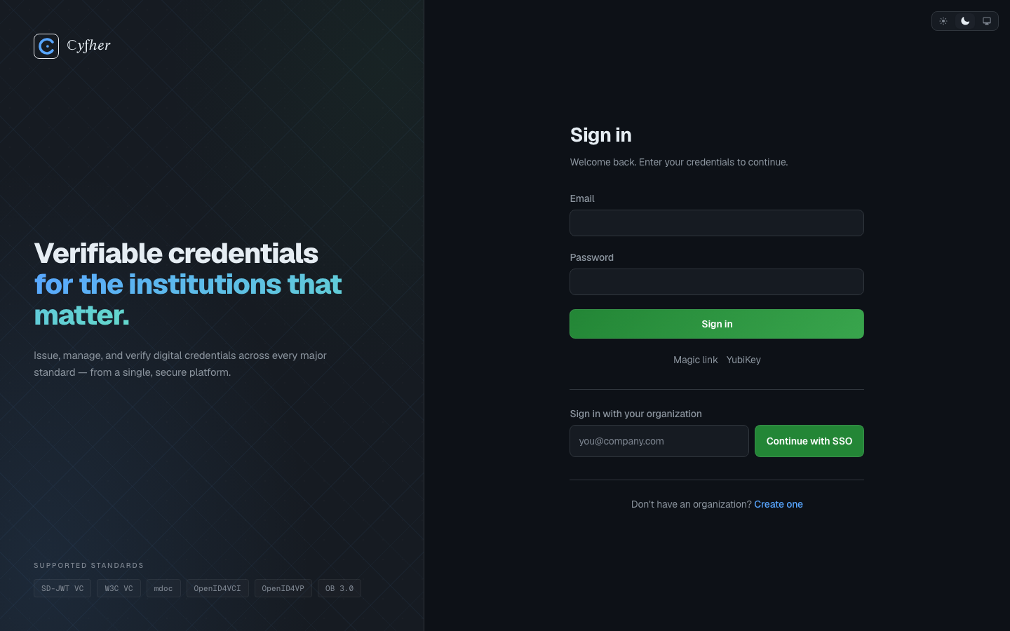 Portal sign-in page with email, magic-link, and YubiKey options