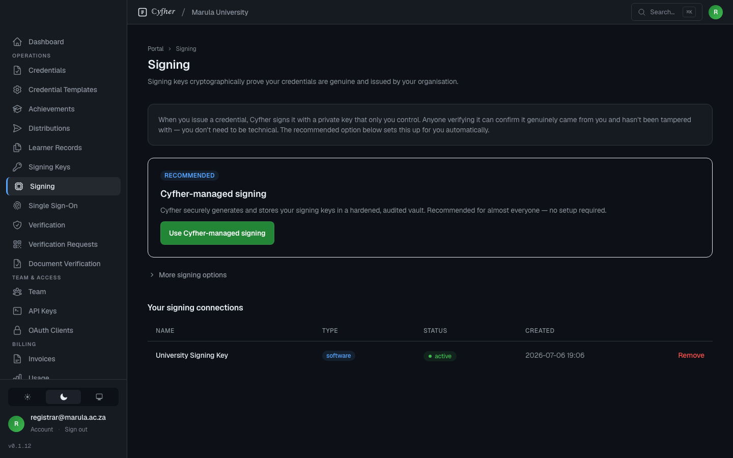 The Signing page, leading with the recommended Cyfher-managed signing card