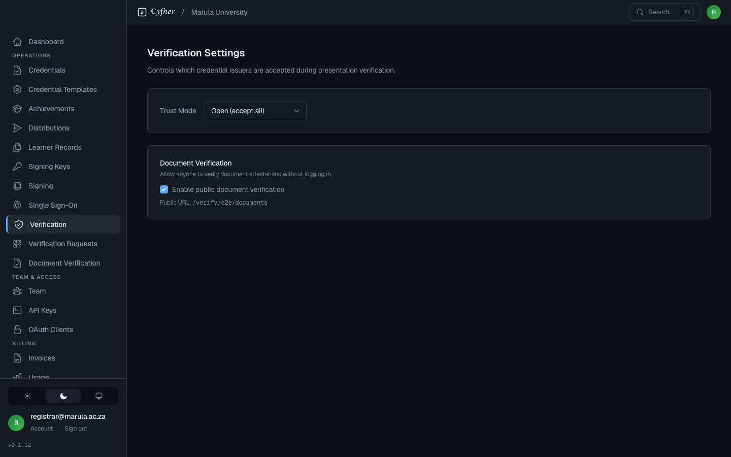Verification settings — trust mode dropdown and public document verification toggle