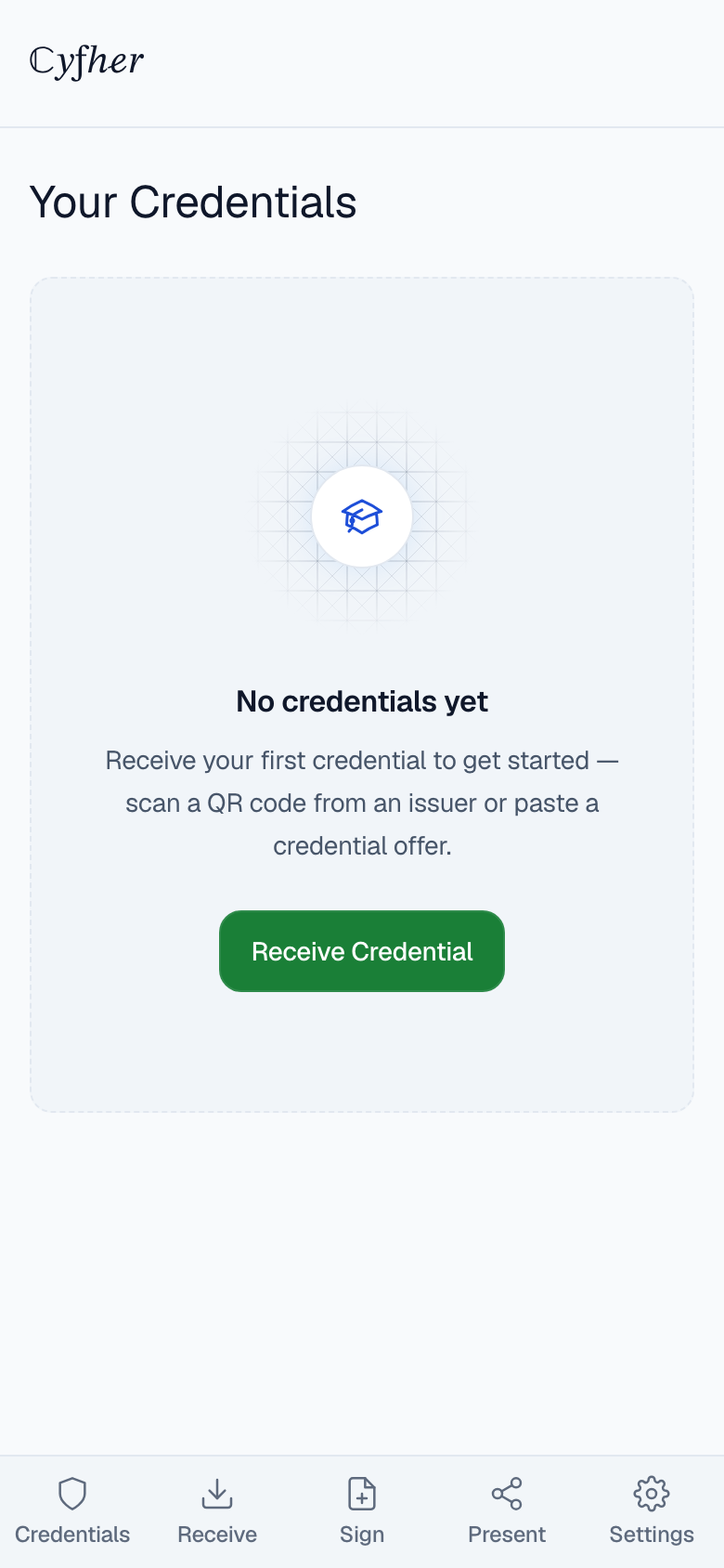 Wallet home in its empty state — the screen you see right after install