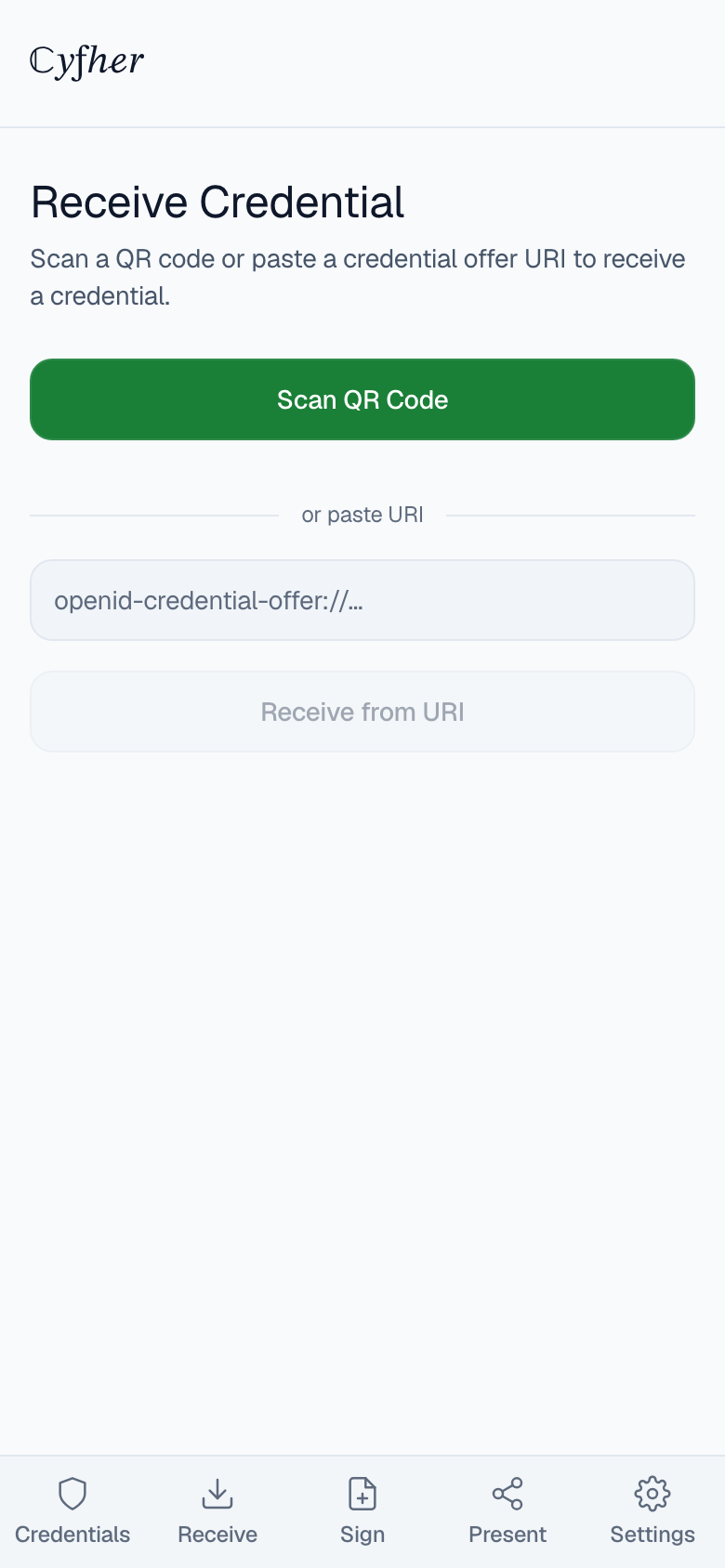 Wallet Receive screen — scan a QR or paste an offer URI