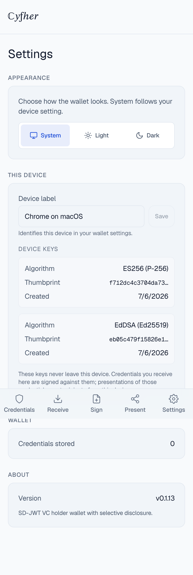 Wallet settings showing the wallet key details and credential count